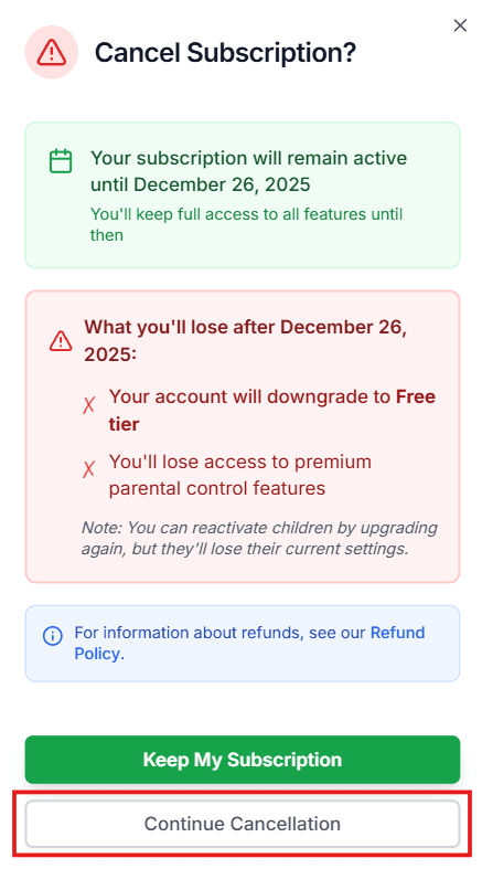 Continue cancellation dialog