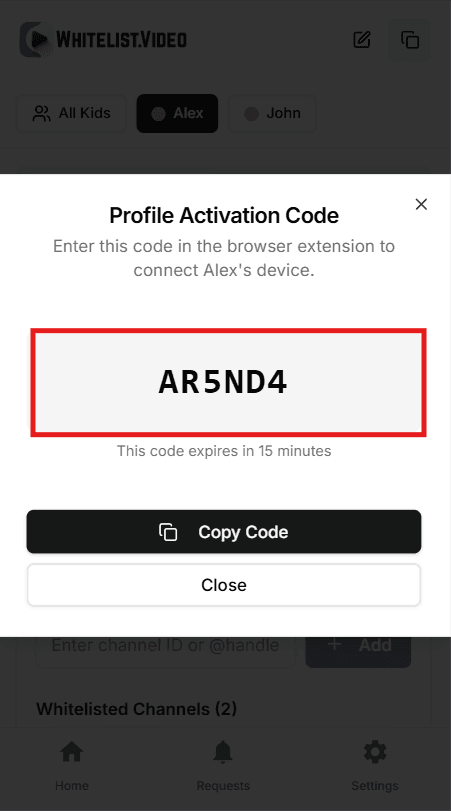 Profile Activation Code modal