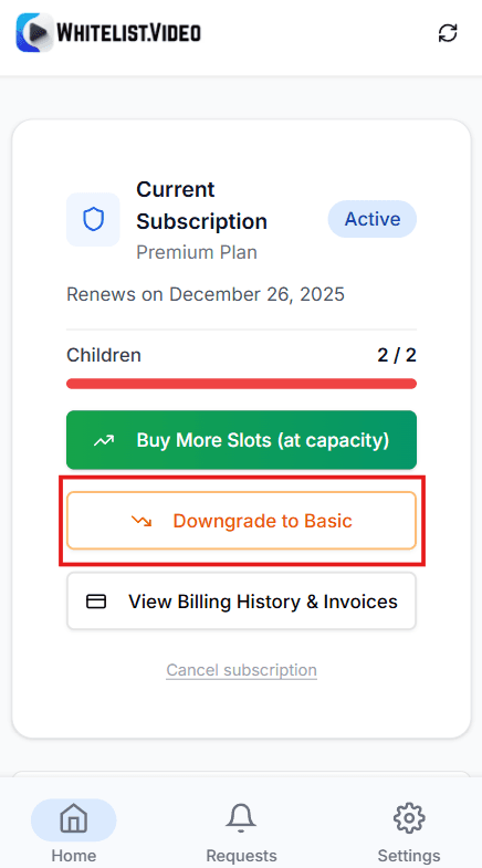Downgrade to Basic button