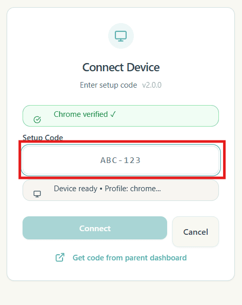 Connect Device screen in extension