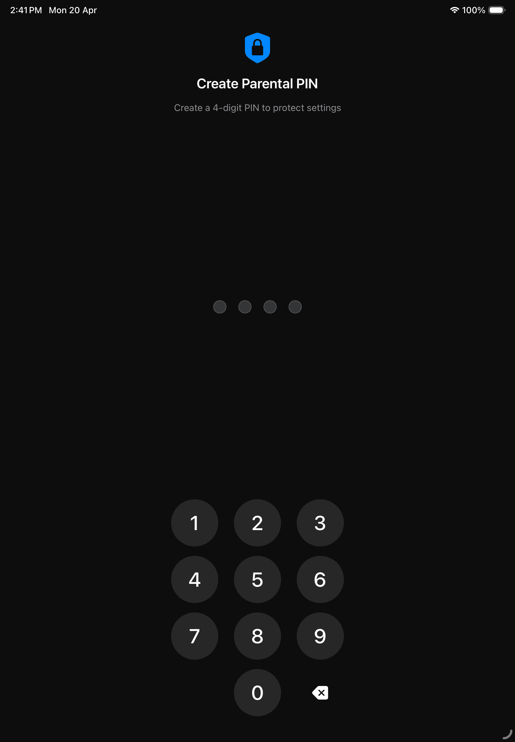 Create PIN screen