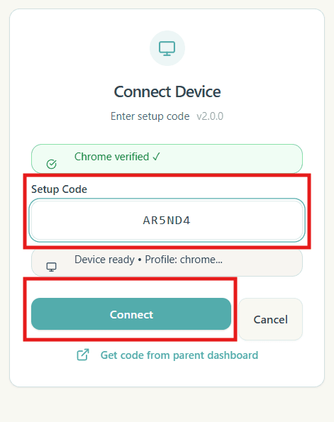 Enter code and click Connect