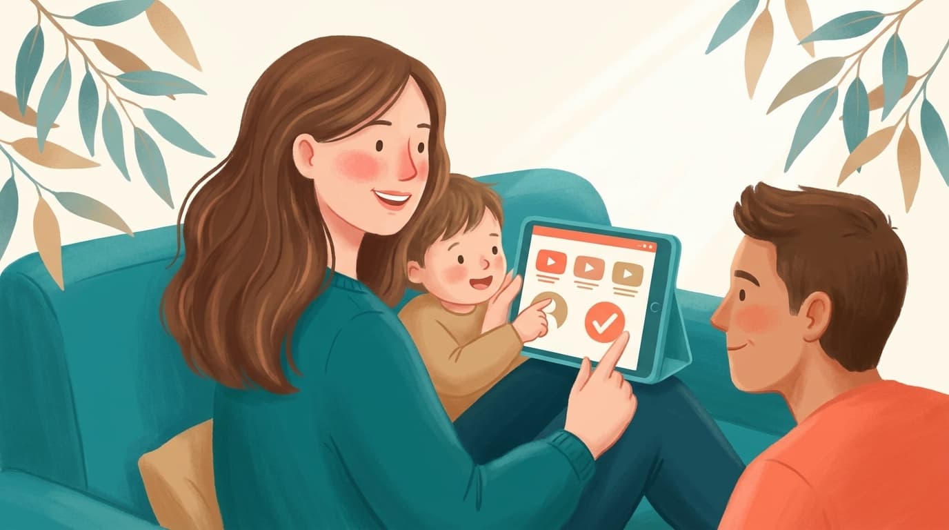 An Australian family at home taking charge of their child's YouTube themselves, a parent approving channels on a tablet, with subtle eucalyptus leaves