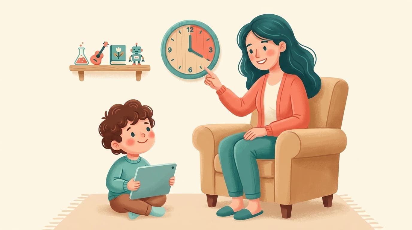 A parent setting gentle boundaries around a child's YouTube use, with a friendly clock beside a curated shelf of approved channels