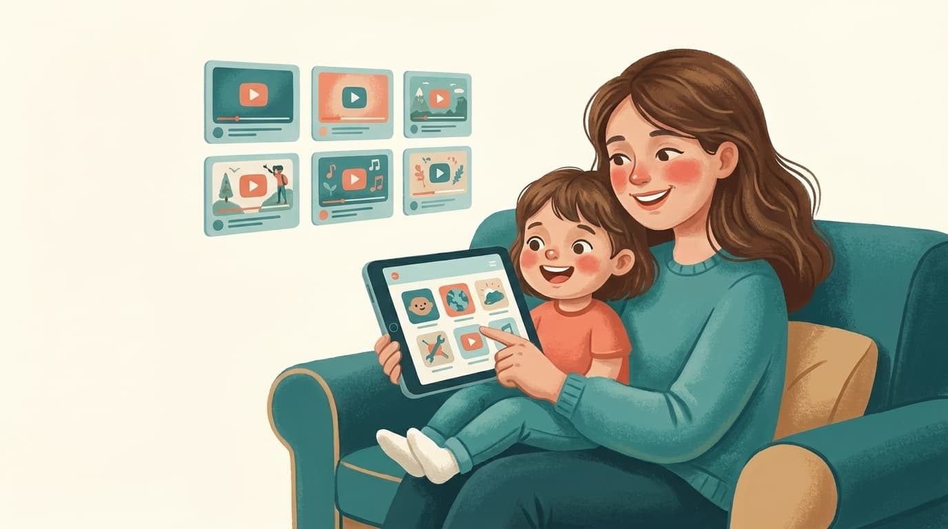 A parent and child on a sofa choosing trusted YouTube channels together on a tablet, with a shelf of approved videos nearby