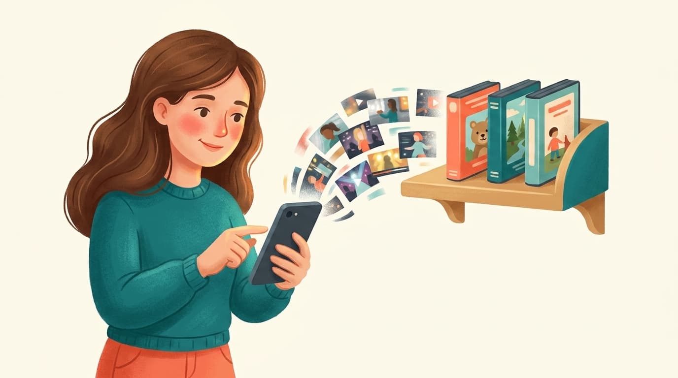 A parent calmly switching off an endless scrolling short-video feed on a phone, replaced by a tidy shelf of a few approved full-length videos