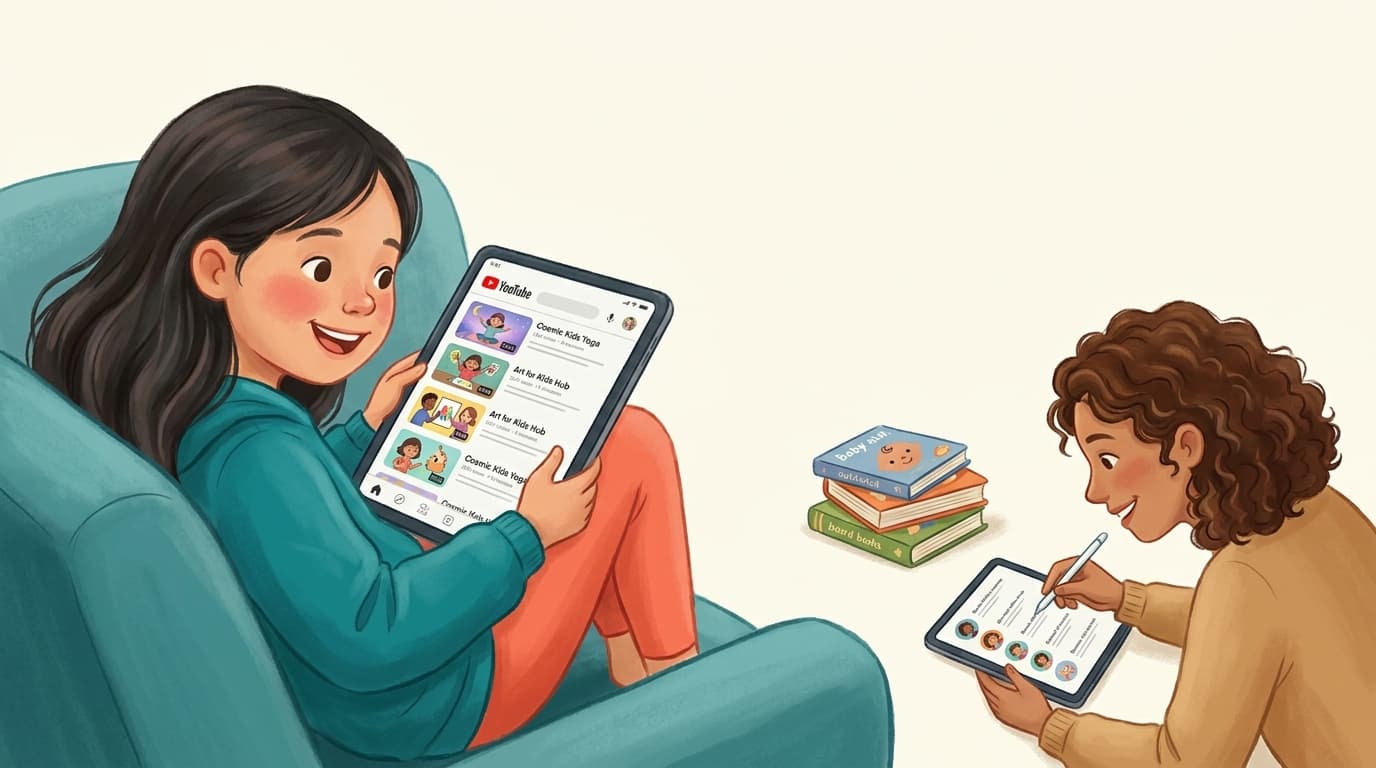 An older child happily watching approved real YouTube channels on a tablet while a parent curates a short list of trusted channels nearby
