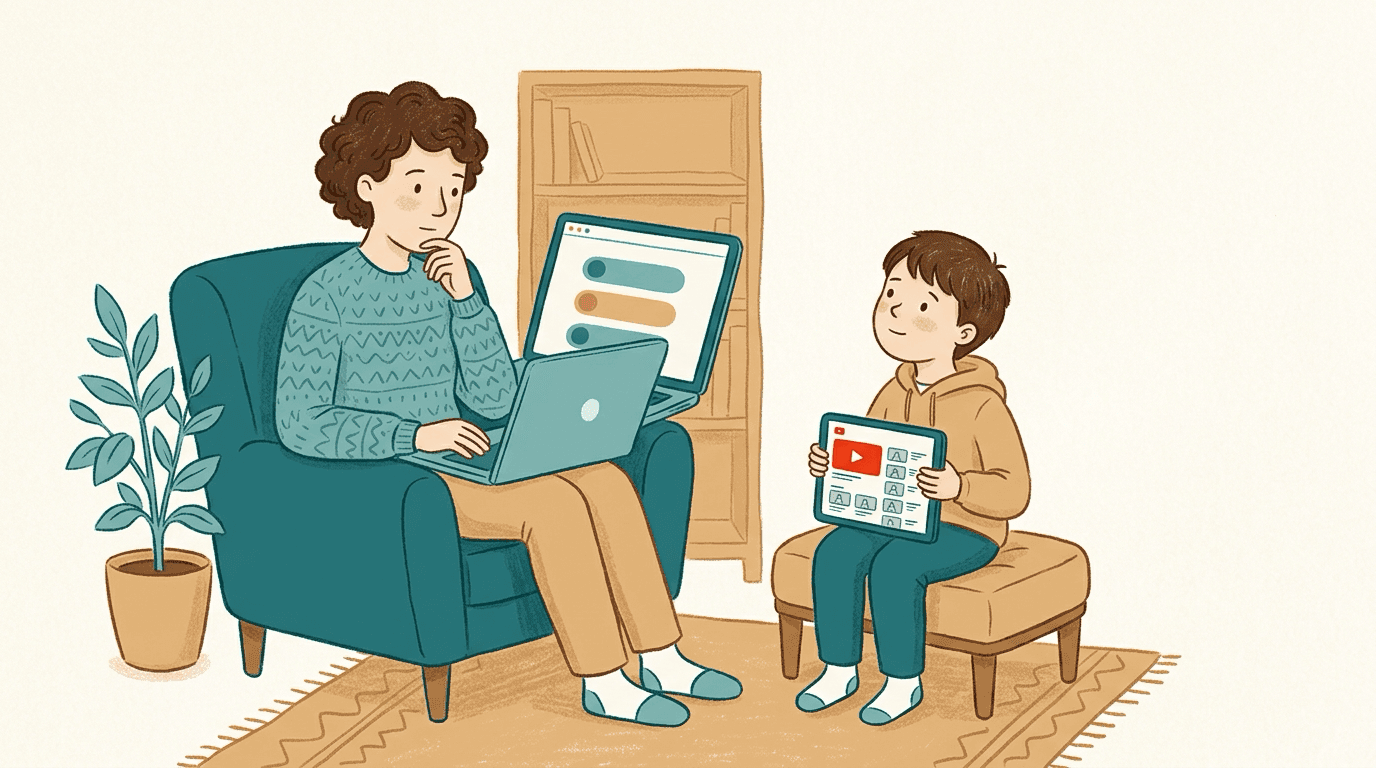 A parent looking at YouTube's three supervised account content tiers on a laptop while their child waits to watch, illustrating the gap between category filters and channel-level control