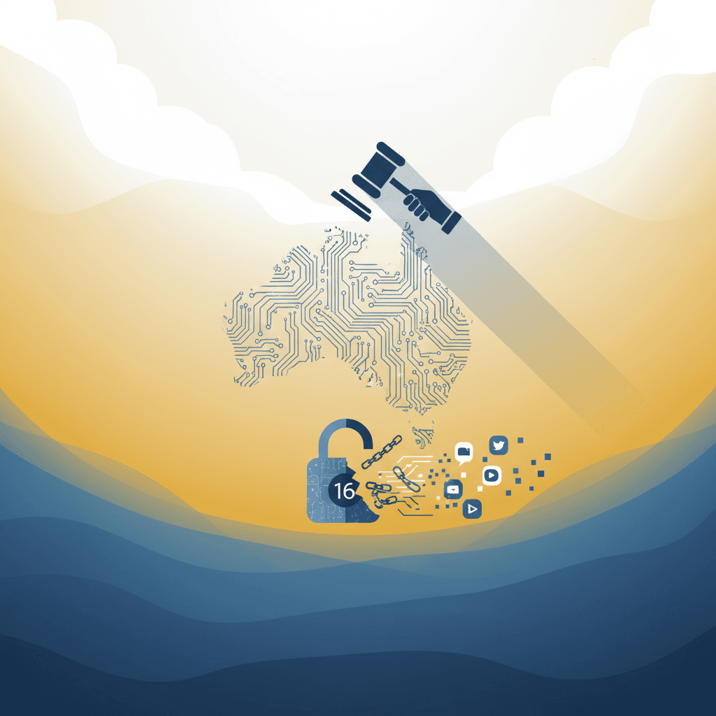 オーストラリア国旗に裁判官の小槌が重ねられ、YouTube、TikTok、Instagramなどのソーシャルメディアプラットフォームが未成年ユーザーを保護できなかったことに対する法的措置を象徴しています。