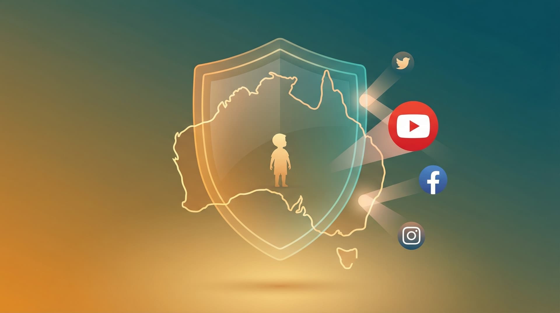 Continente da Austrália como um escudo protegendo uma criança de plataformas de redes sociais