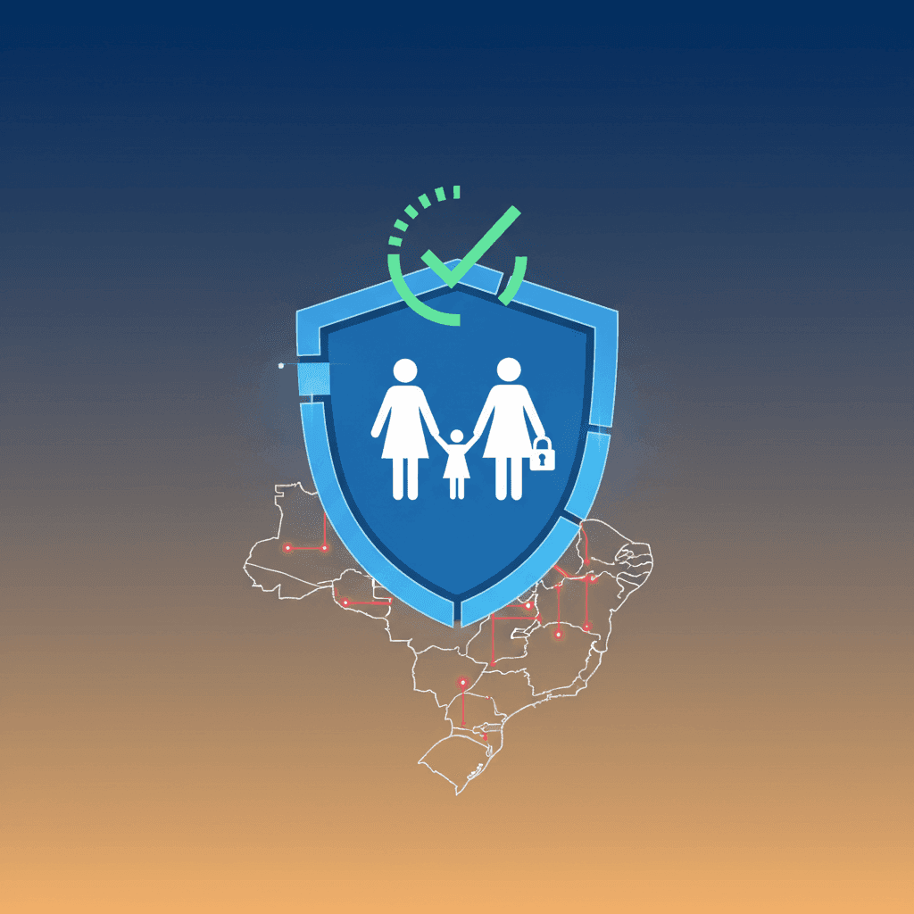 Un parent et un enfant regardant une tablette, avec les couleurs du drapeau brésilien en arrière-plan, symbolisant la protection numérique et les nouvelles lois sur les réseaux sociaux.