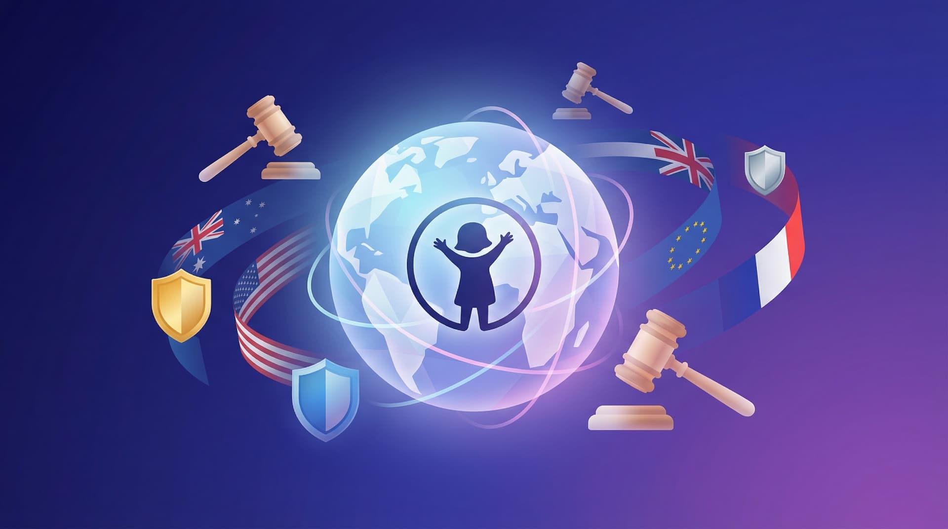 Globe surrounded by legislative gavels and shield icons representing global child safety regulations