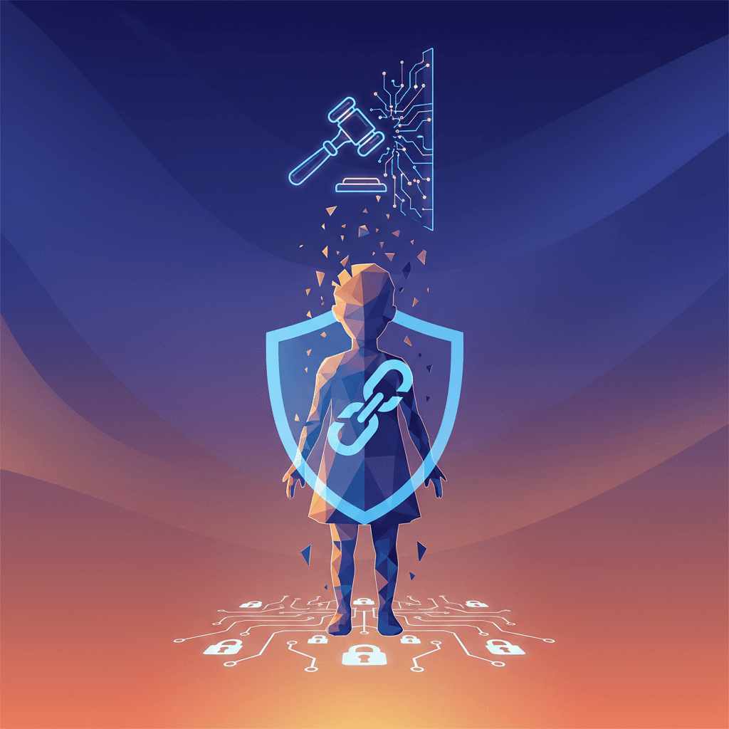 A gavel striking a sound block with a digital deepfake image in the background, symbolizing the first conviction under the TAKE IT DOWN Act for AI-generated child exploitation.