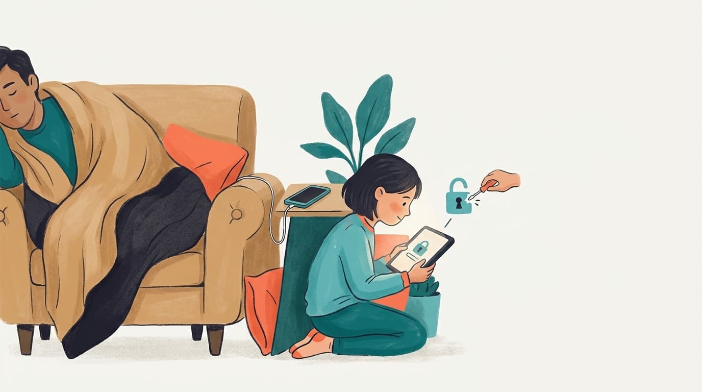 Adolescente usando discretamente un teléfono bajo las sábanas por la noche mientras la aplicación de control parental muestra el dispositivo como bloqueado
