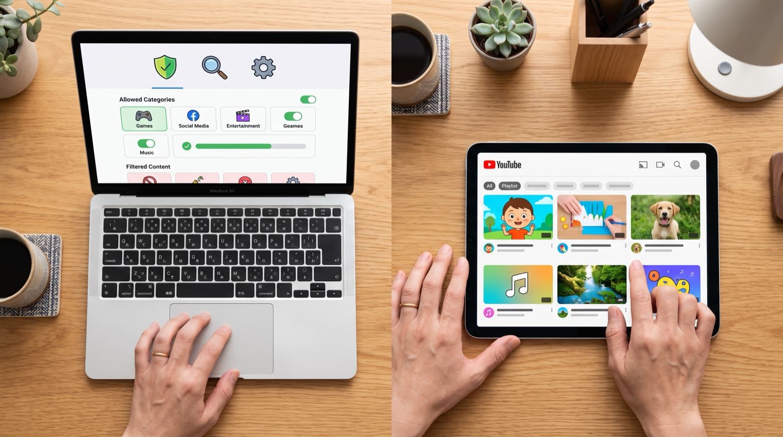 i-Filterのウェブフィルタリング画面とWhitelistVideoのチャンネル管理画面を並べた保護者のデスクトップ