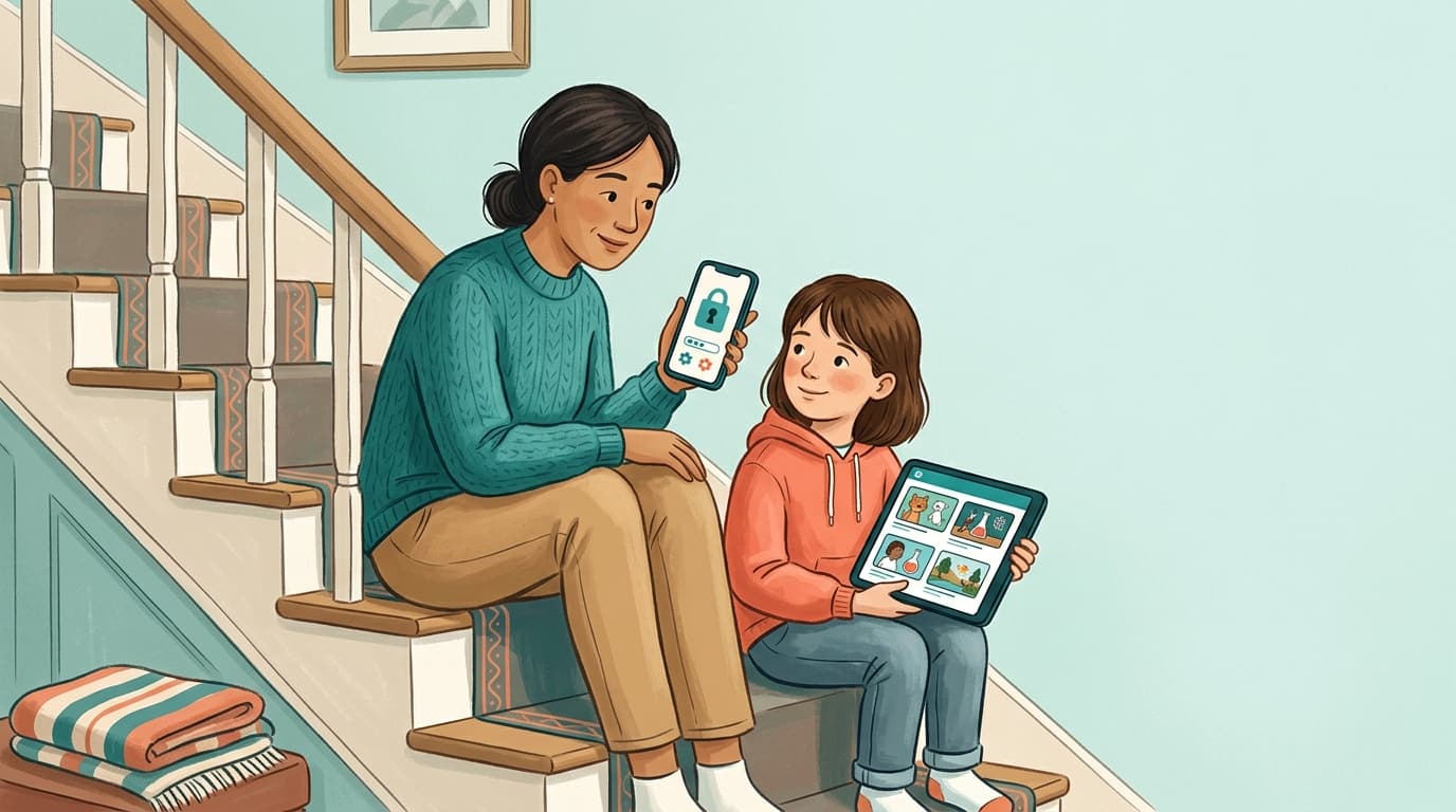Ilustração estilo livro de histórias de uma mãe britânica e seu filho de dez anos em uma mesa de cozinha, o iPhone da criança mostrando uma grade organizada de canais aprovados do YouTube enquanto uma ampulheta repousa ao lado de uma xícara de chá