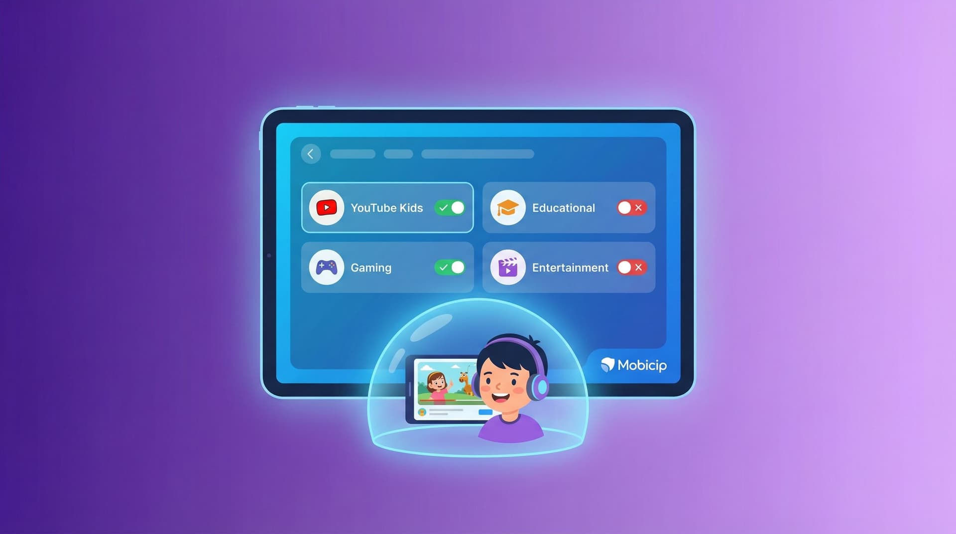 Mobicip app interface showing parental control features and YouTube limitations