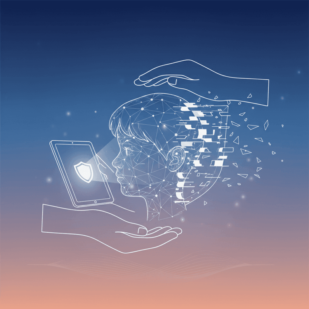 A stylized image of a school building with digital deepfake elements overlaying it, representing the challenge of AI abuse in educational settings.
