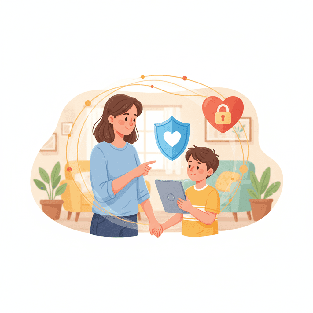 Parent and teen looking at phone together, showing trust and open communication