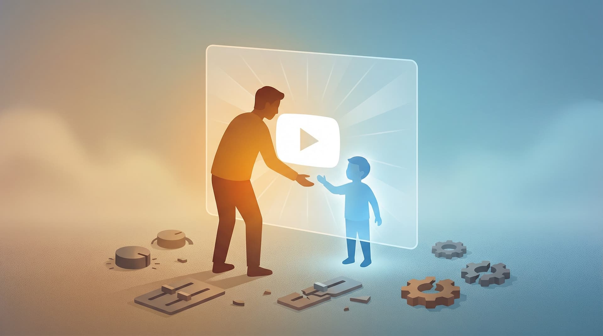 Elternteil greift nach einem Kind hinter einer YouTube-Bildschirmbarriere mit defekten Kontrollschaltern