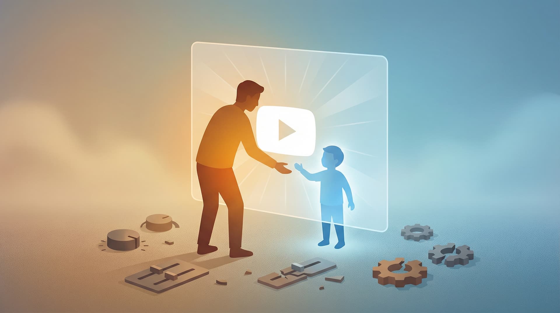 Pai a estender a mão para a criança atrás de uma barreira de ecrã do YouTube com interruptores de controlo partidos