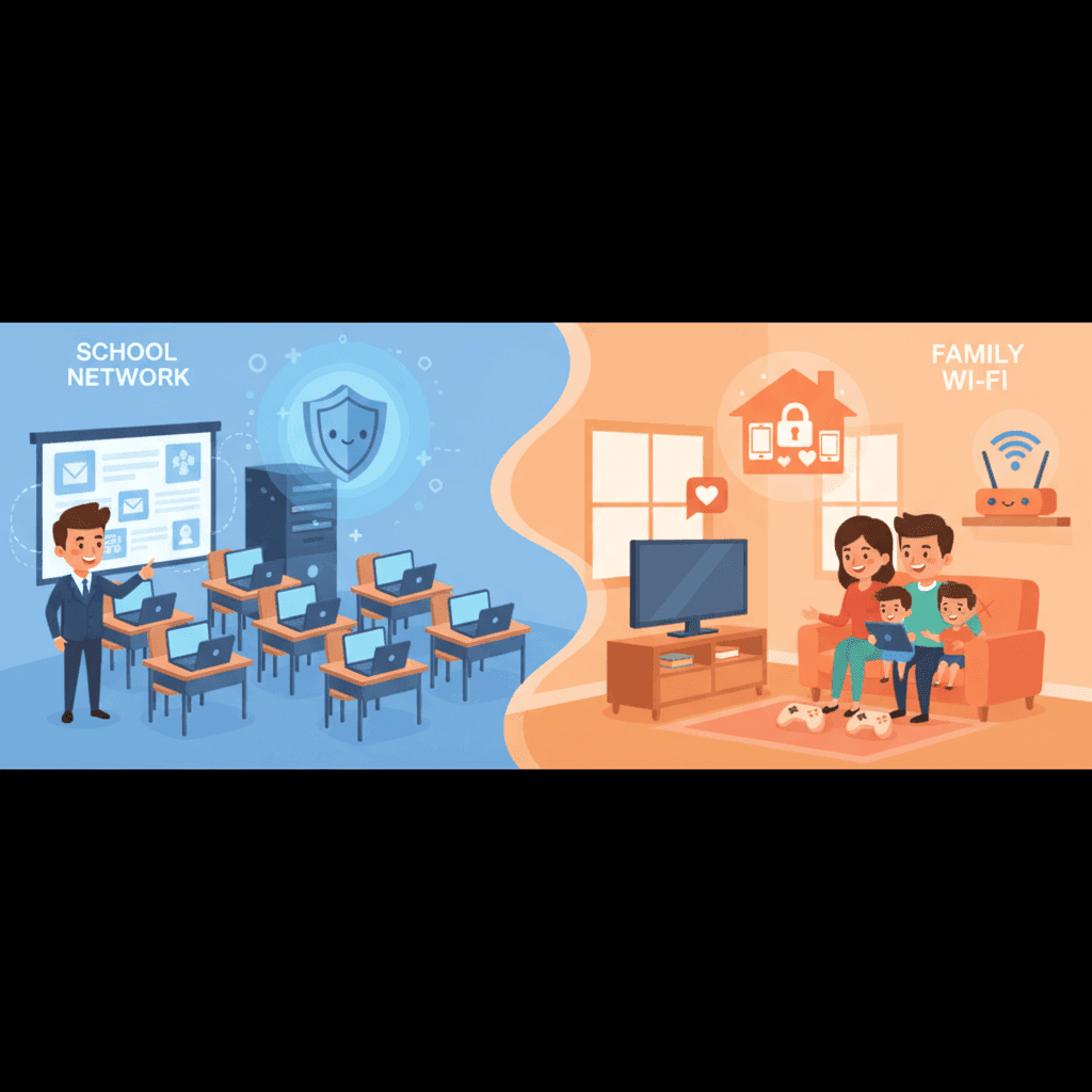 Geteiltes Bild zeigt IT-Setup in der Schule gegenüber einer Familie, die zu Hause Geräte nutzt