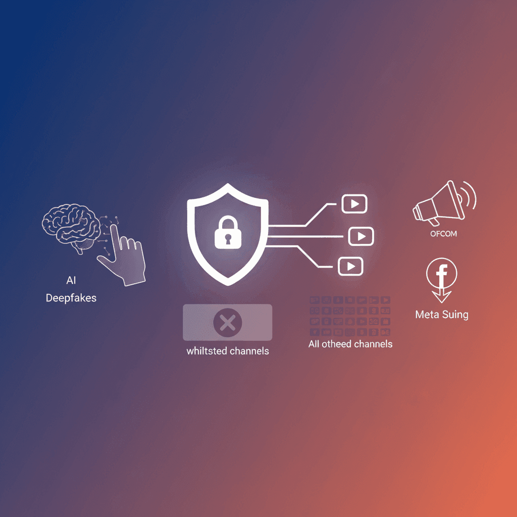 Ilustração digital retratando a bandeira do Reino Unido, a silhueta de uma criança, uma rede neural simbolizando IA e os logotipos do Ofcom e da Meta, representando o foco da Lei de Segurança Online do Reino Unido na proteção infantil, ameaças de IA e a resistência da indústria.