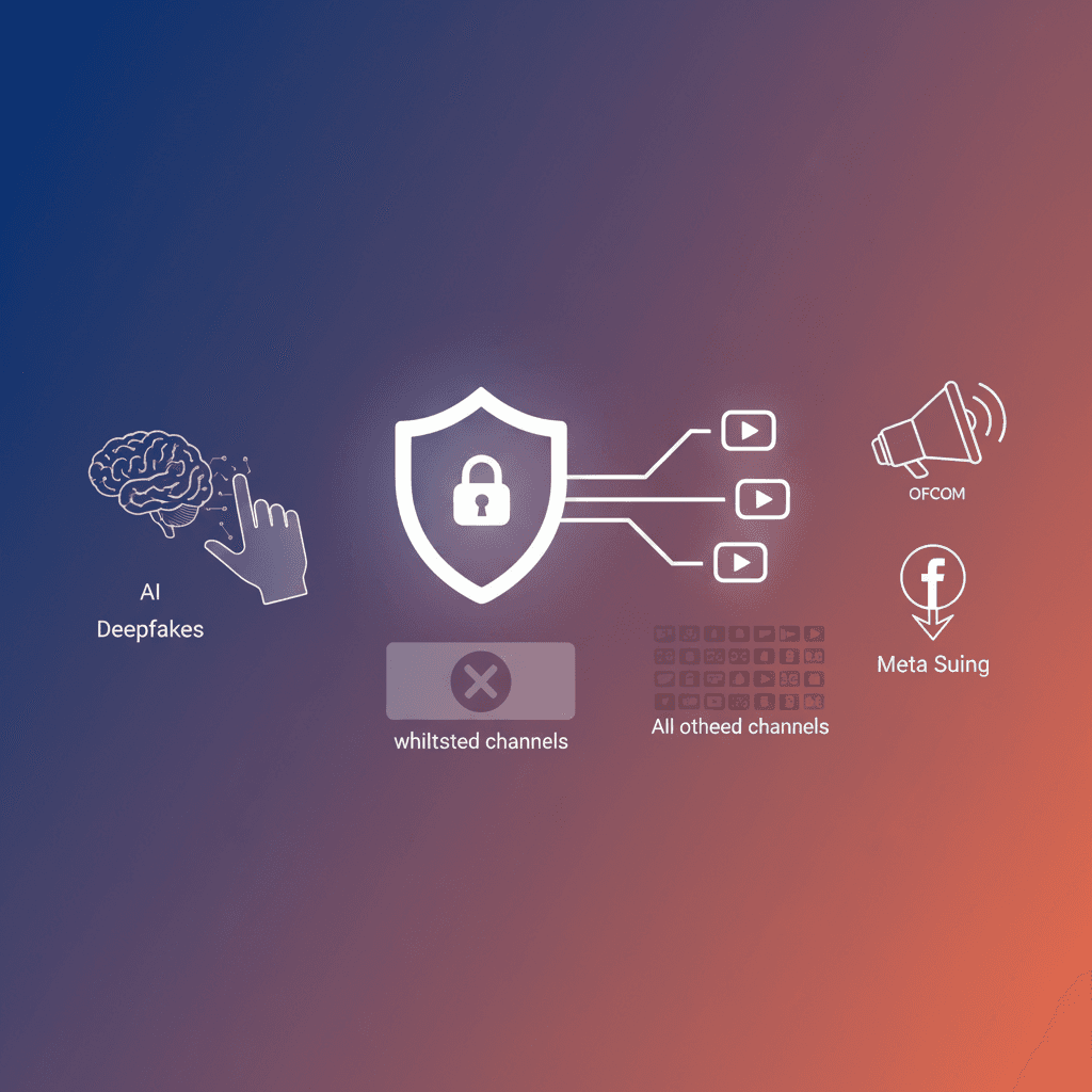 Ilustración digital que representa la bandera del Reino Unido, la silueta de un niño, una red neuronal que simboliza la IA y los logotipos de Ofcom y Meta, representando el enfoque de la Ley de Seguridad en Línea del Reino Unido en la protección infantil, las amenazas de la IA y el rechazo de la industria.