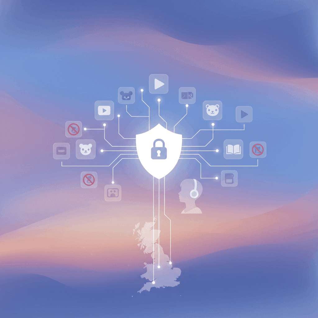 A blurred image of a child's hand scrolling on a smartphone, overlaid with a digital lock icon, symbolizing social media restrictions for under-16s in the UK.