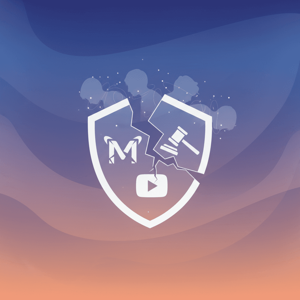 Martelos de júri e logotipos de redes sociais representando veredictos contra Meta e YouTube por prejudicar jovens.