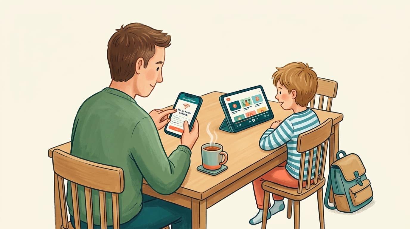 Ilustração em estilo de livro de histórias de uma cozinha de uma família no Reino Unido com um hub de banda larga projetando uma cúpula protetora suave sobre a sala enquanto uma criança à mesa observa um laptop exibindo uma grade organizada de canais de vídeo aprovados