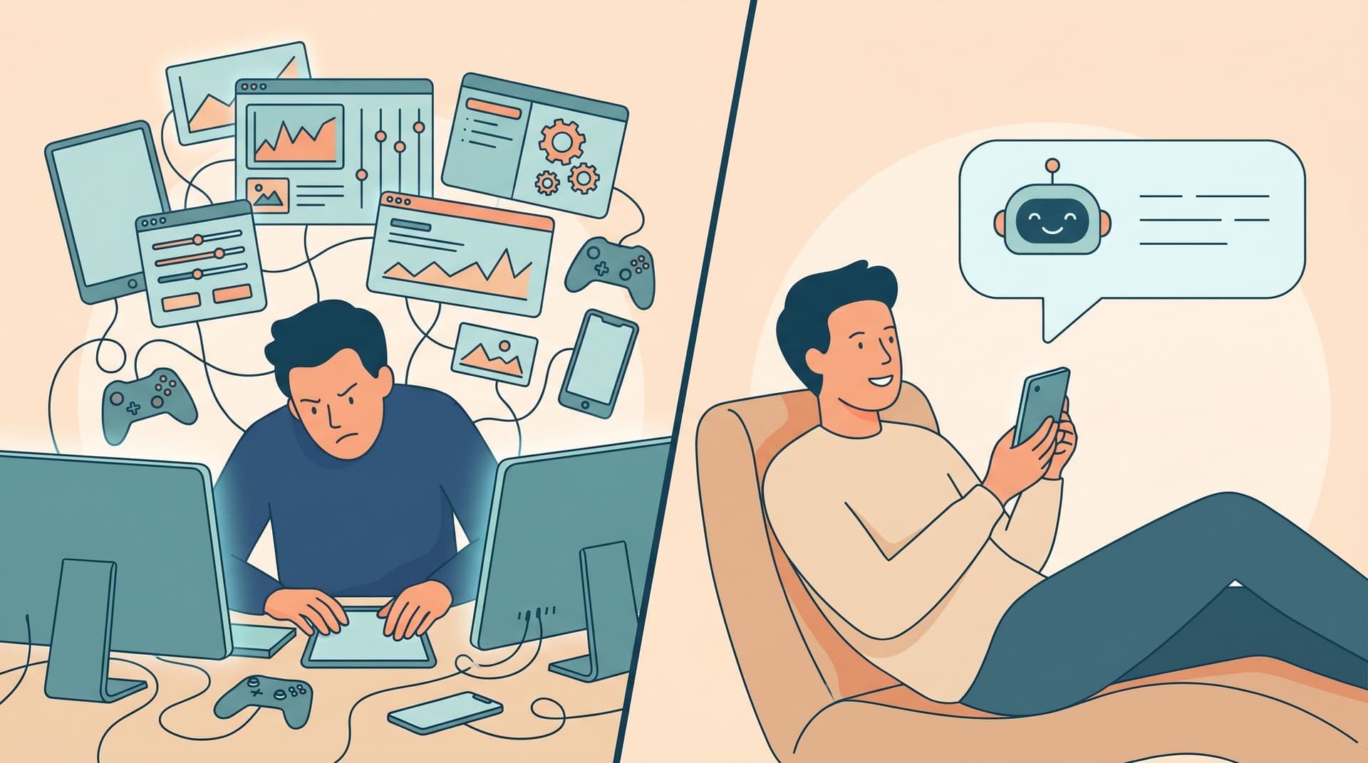 Ilustração contrastando um pai estressado em um painel complexo com um pai relaxado gerenciando controles via chat no celular