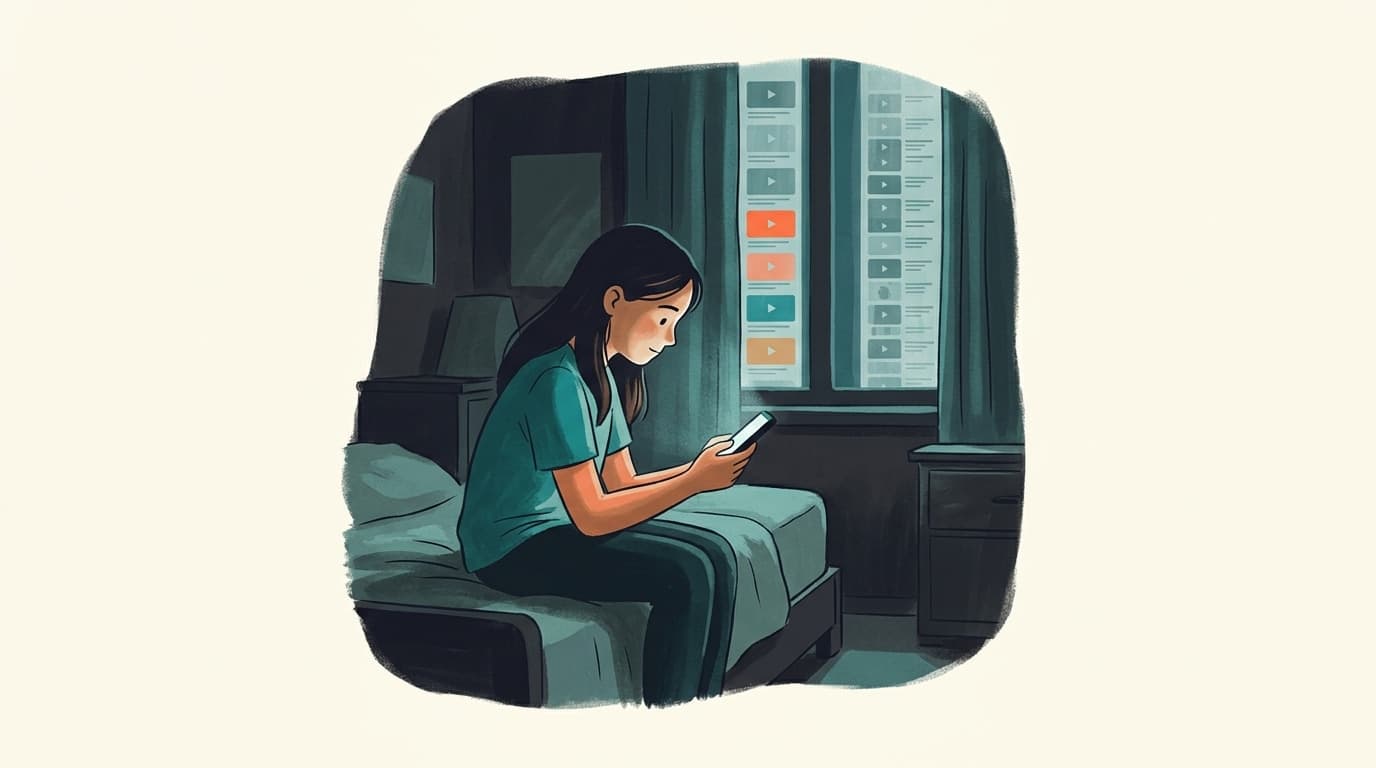 Teenage girl lit by a phone screen in a dark bedroom, a column of recommended video thumbnails reflected in the window behind her