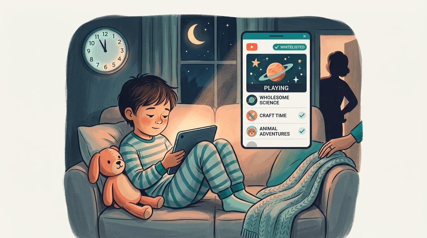 어두운 방에서 태블릿을 시청하고 있는 어린아이. 화면에는 다음 영상 자동 재생(Autoplay) 카운트다운이 표시되고 있으며, 벽시계는 취침 시간을 지난 시간을 가리키고 있음.