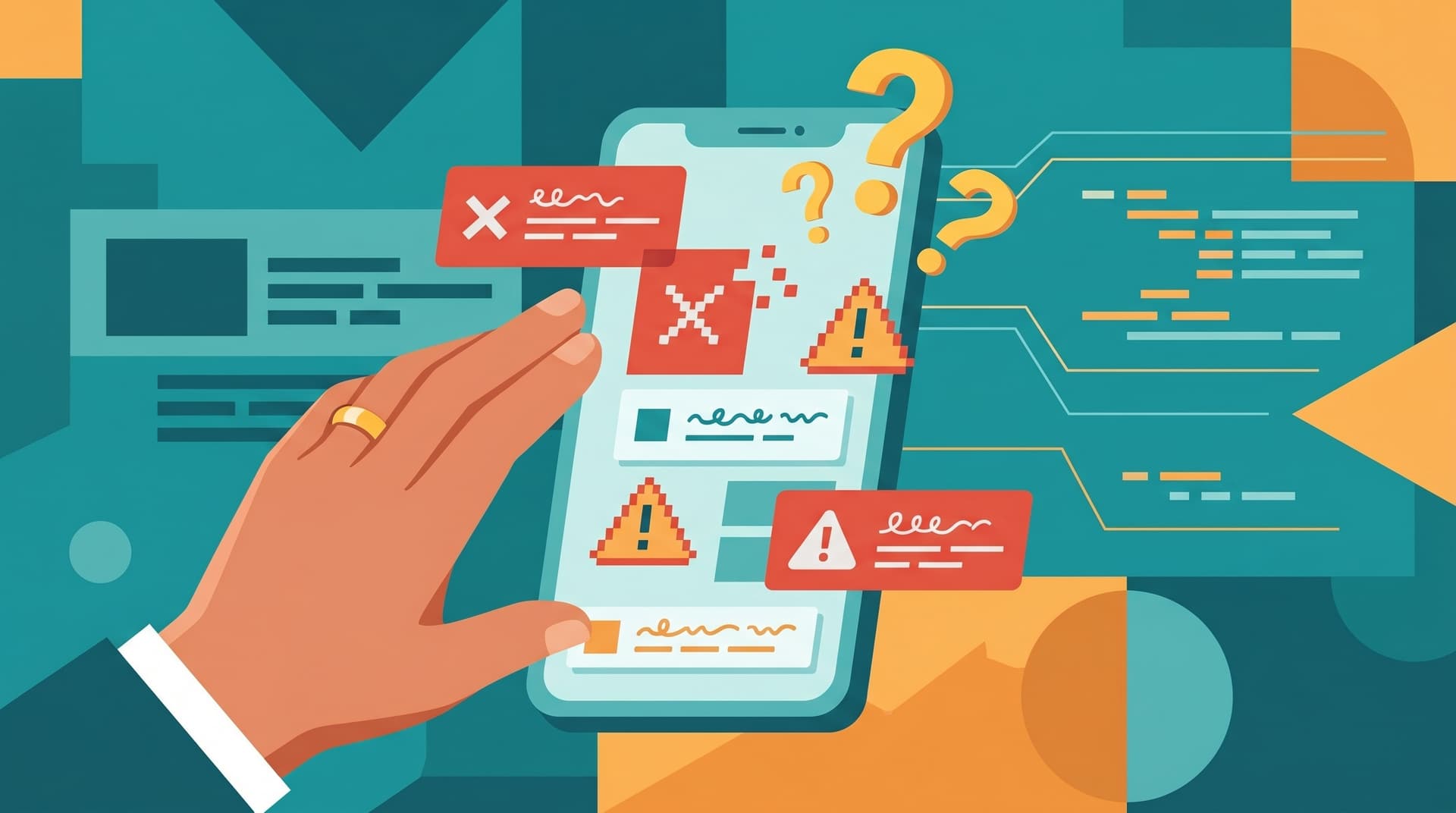 Smartphone screen showing YouTube error messages with question marks and a parent's hand reaching toward it