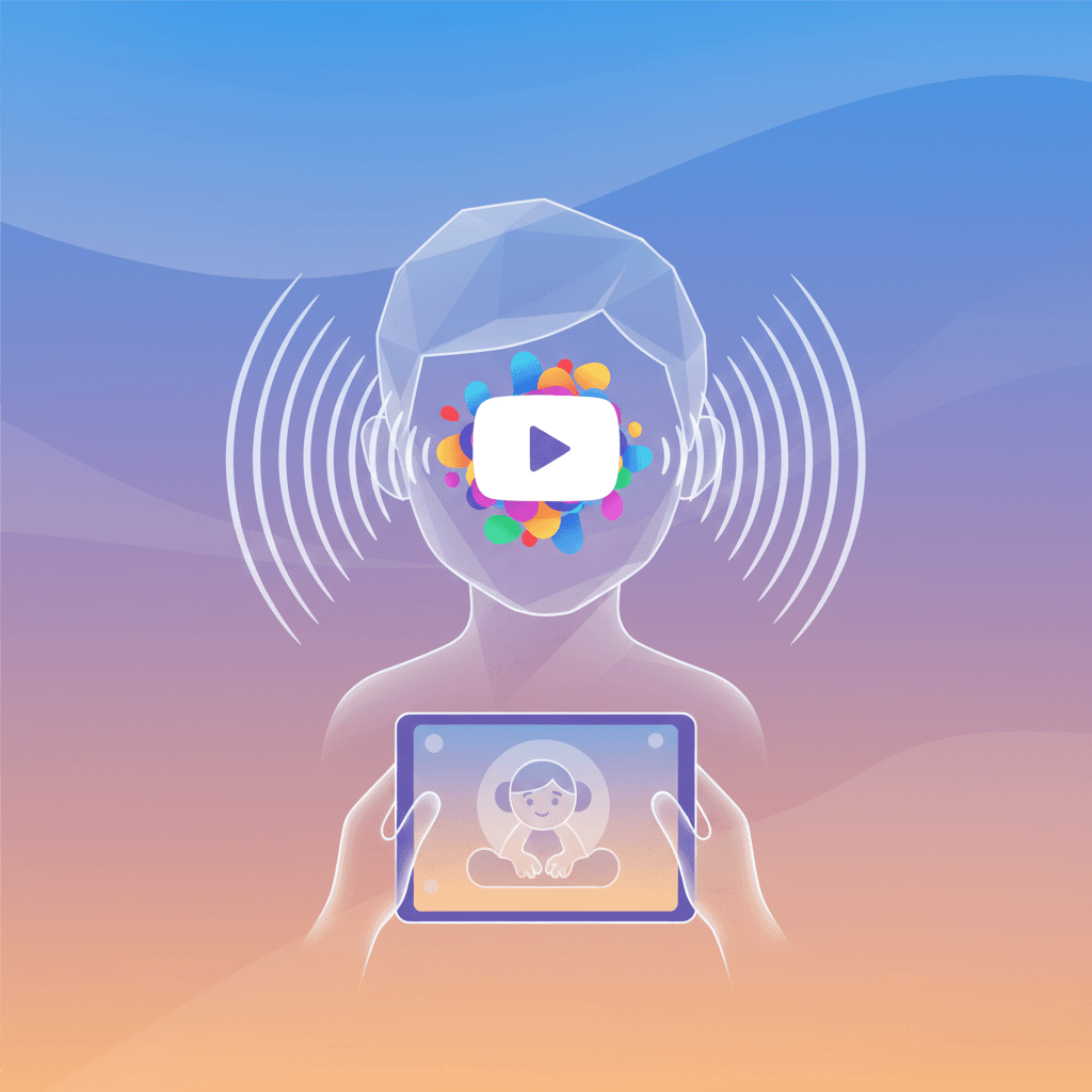 Un enfant calme utilisant une tablette dans un environnement confortable et adapté aux besoins sensoriels.