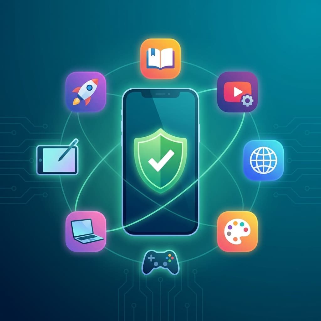 Padre revisando alternativas a YouTube para niños mayores en laptop y teléfono