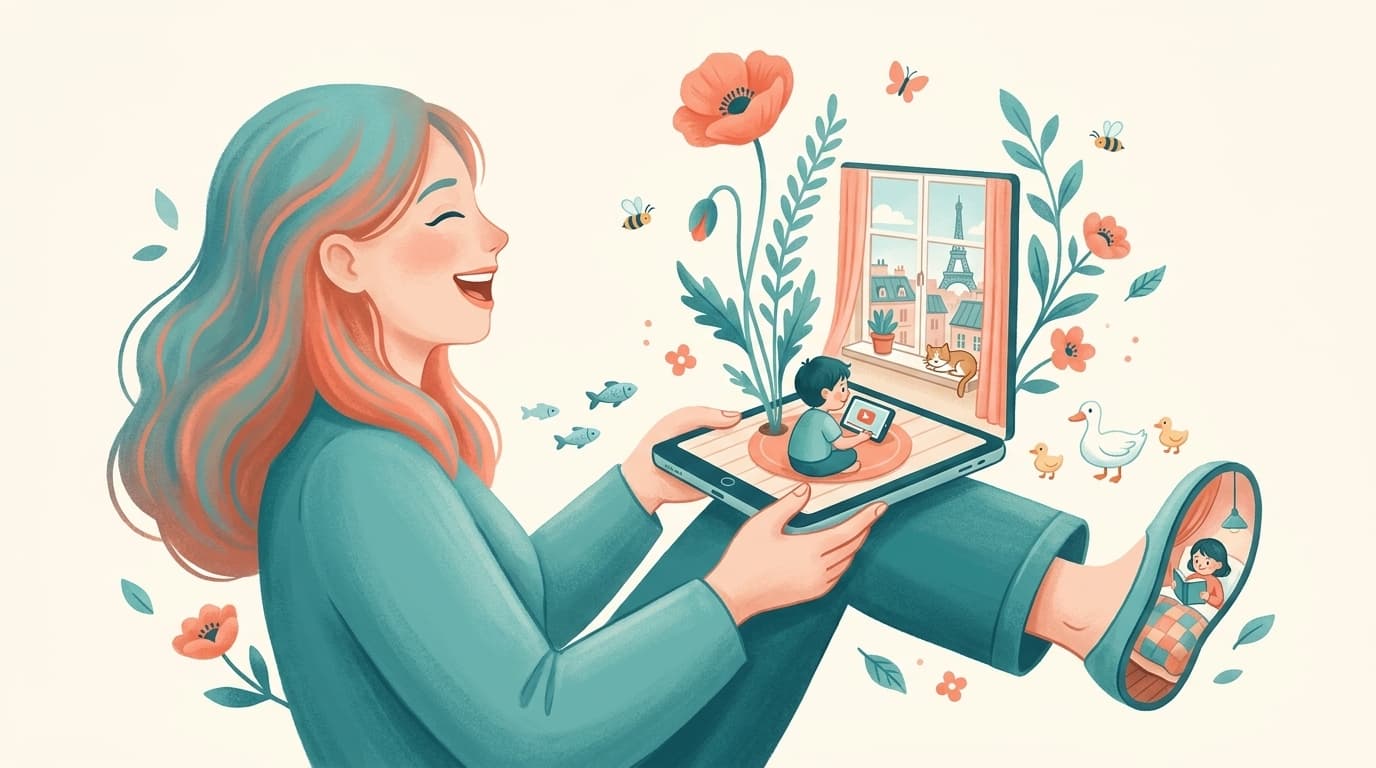 Pai/mãe francês(a) configurando controles de segurança do YouTube no dispositivo de uma criança