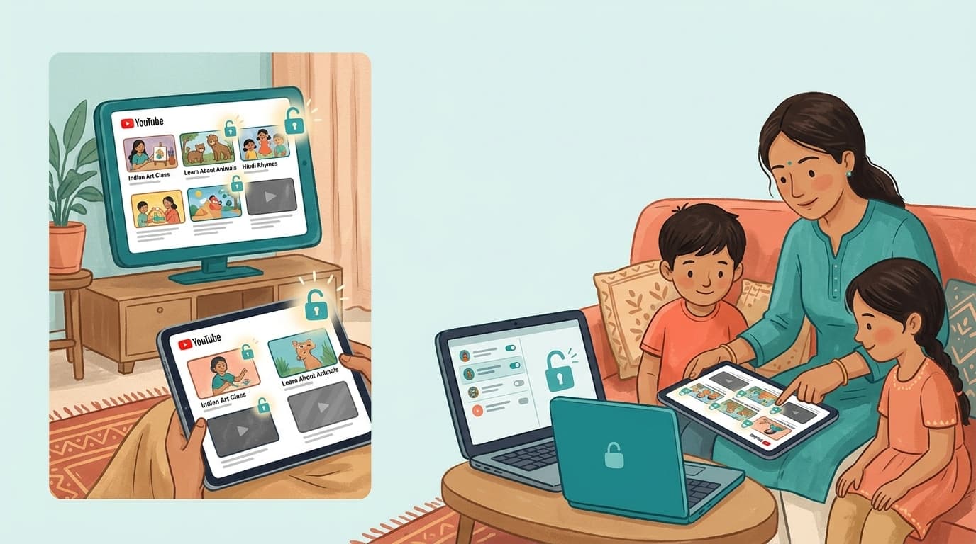 Indian parent setting up YouTube safety controls on child's device