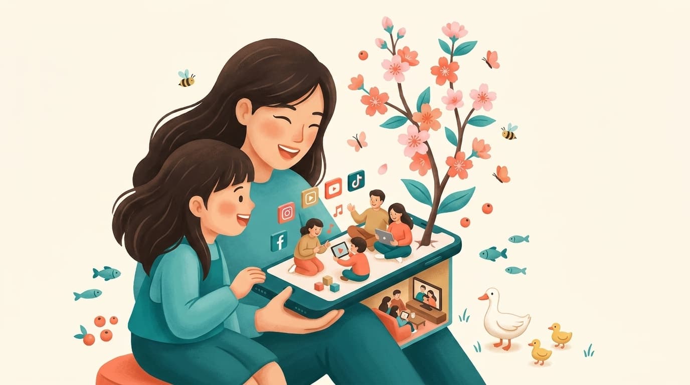 日本家长正在平板电脑上帮助孩子安全使用 YouTube