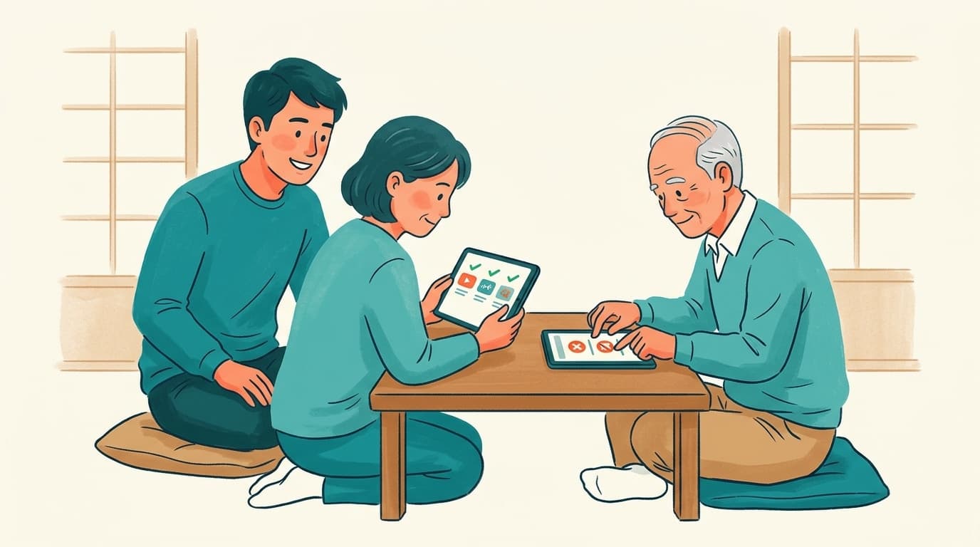 タブレットで子供が安全にYouTubeを利用できるよう手助けする日本の親