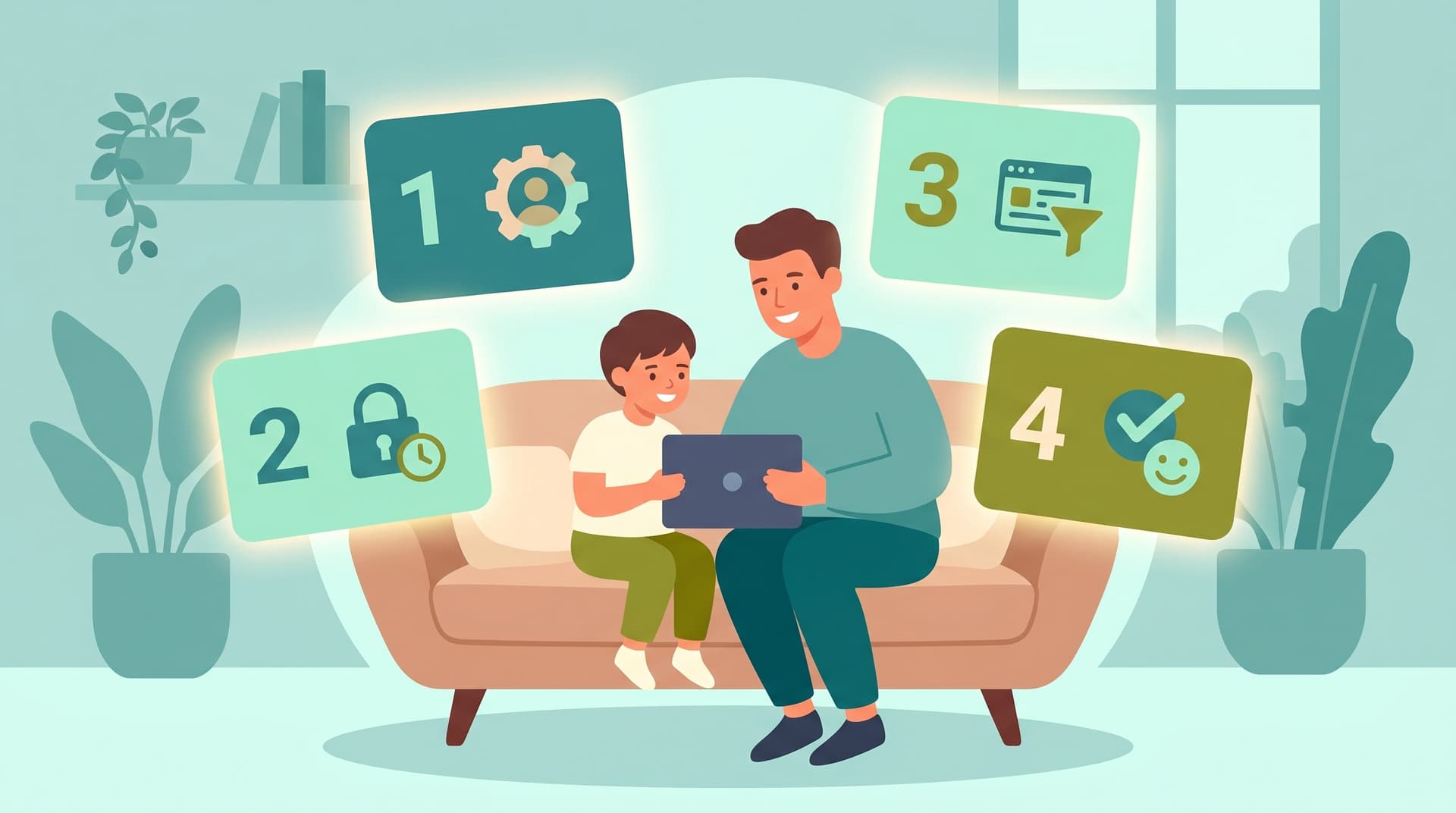 Parent setting up YouTube parental controls on multiple devices including phone, tablet, and smart TV