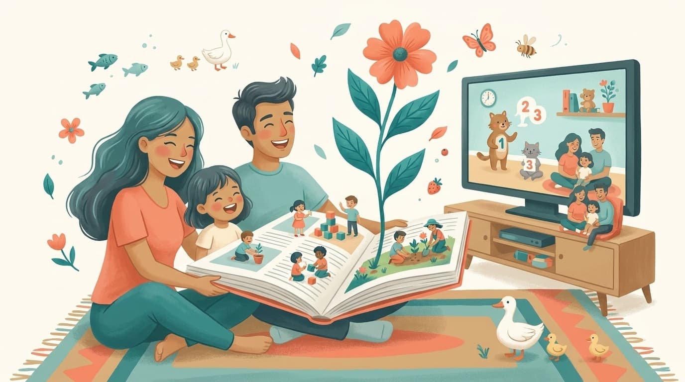 リビングでテレビのYouTubeを子供と一緒に見る保護者