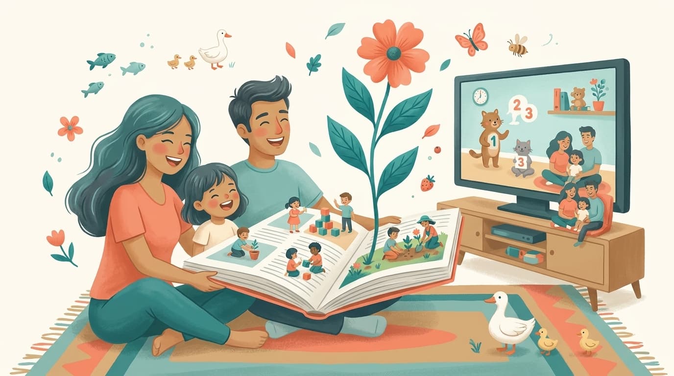 Family living room with smart TV showing YouTube parental control settings