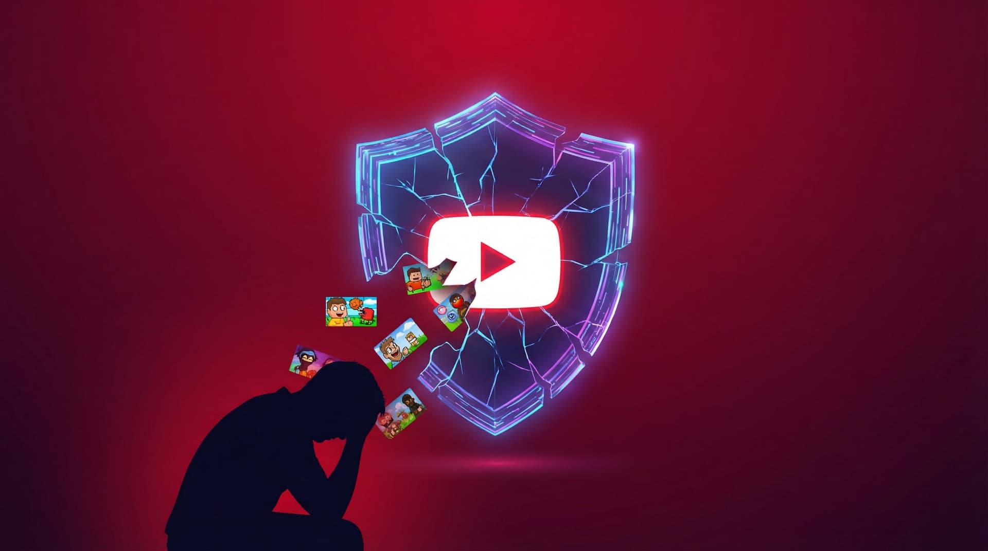 Zerbrochenes Schild mit YouTube-Logo und durchsickerten Inhalten vor einem besorgten Elternteil
