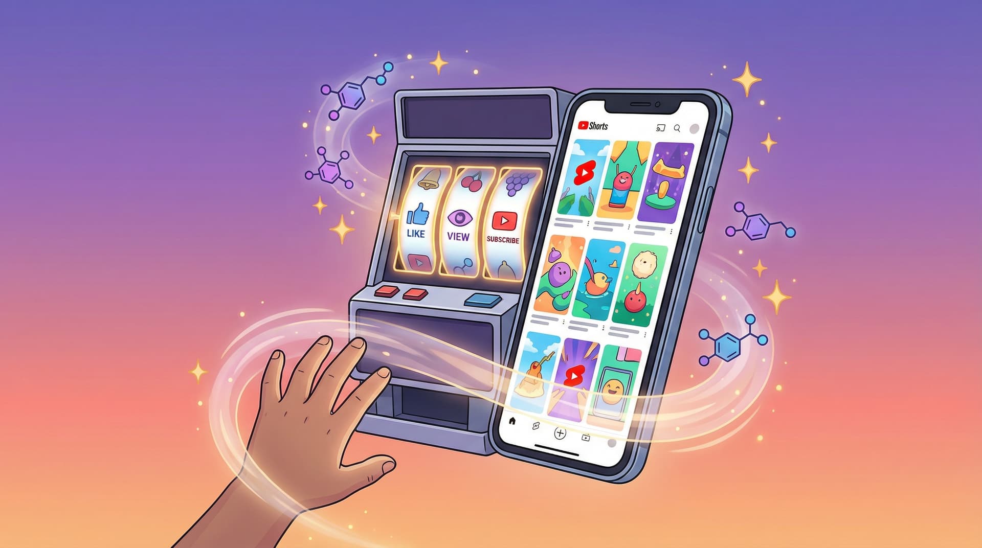 Máquina tragamonedas fusionada con un smartphone que muestra YouTube Shorts, ilustrando el mecanismo de adicción por recompensa variable