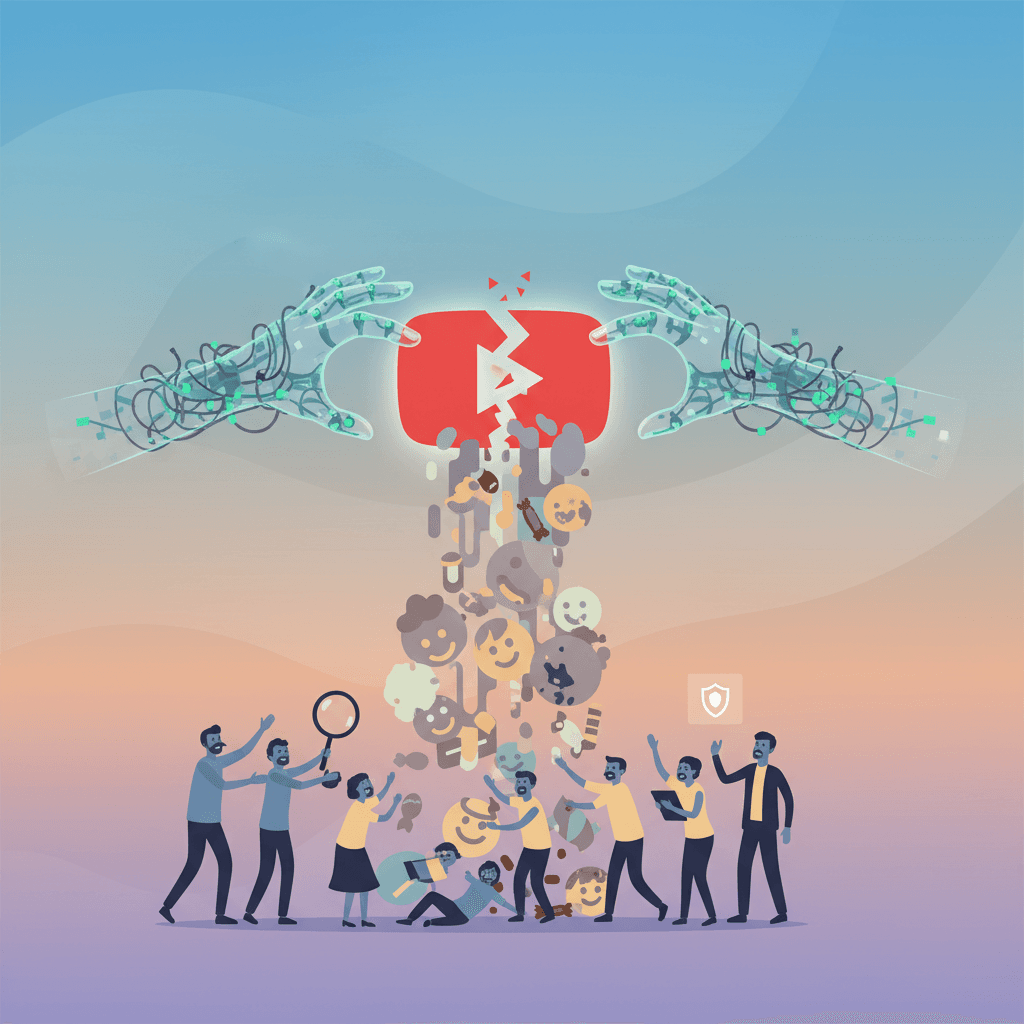 Un enfant regardant YouTube sur une tablette, avec une vidéo générée par l'IA floue et déformée visible à l'écran, symbolisant le « déchet IA ».