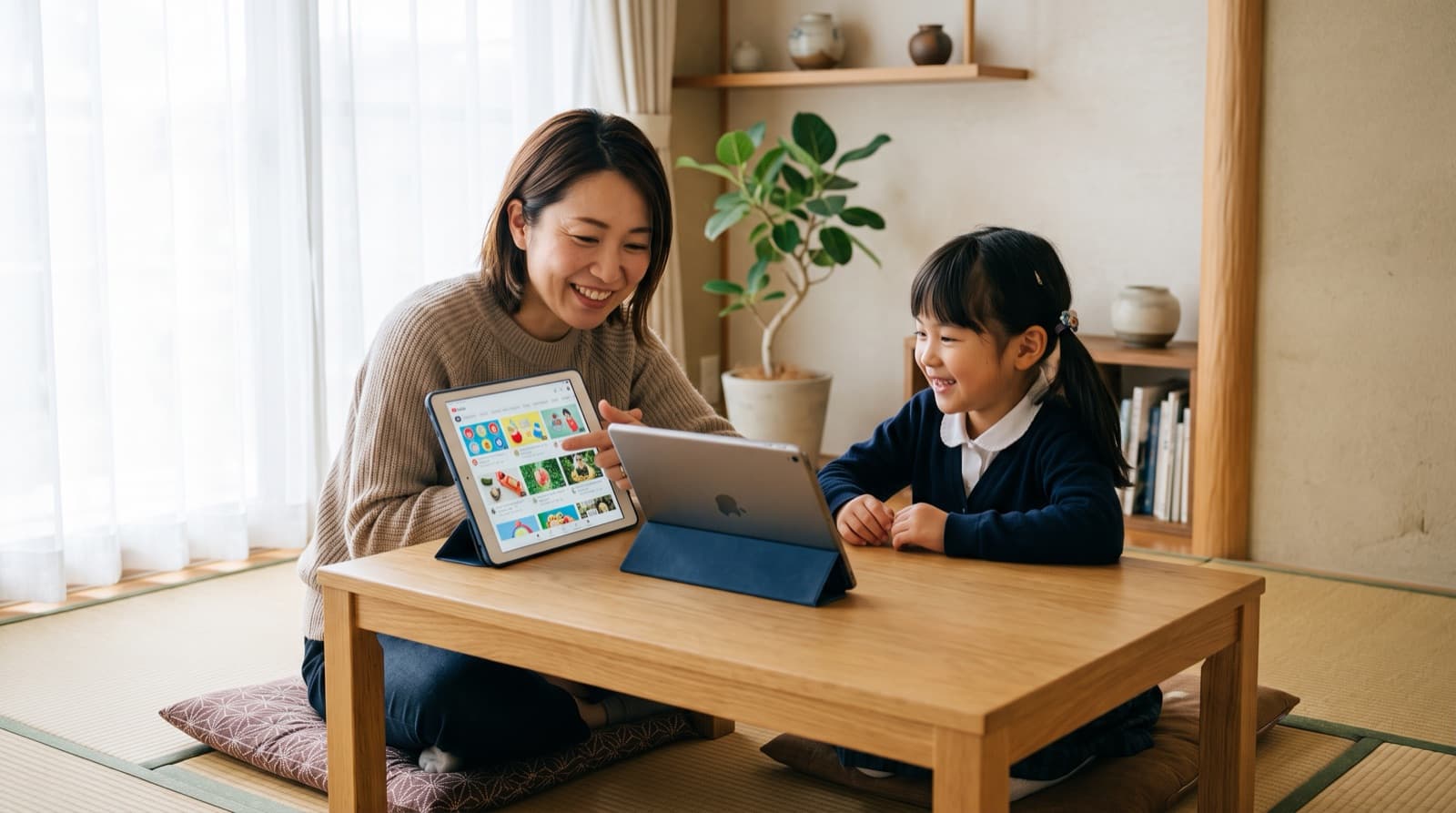 保護者と子供が一緒にYouTubeの許可チャンネルリストを選んでいるイメージ