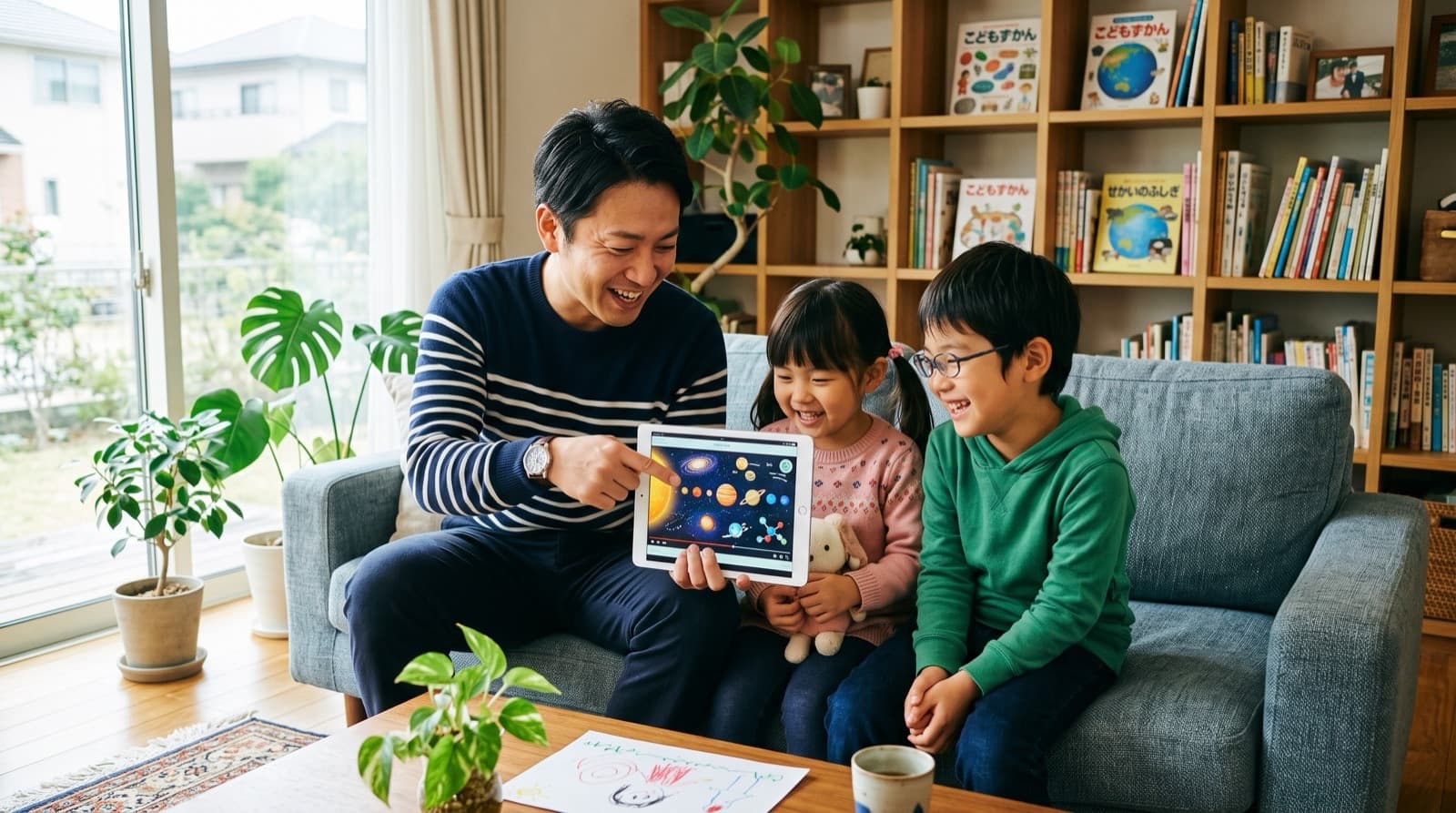 親子でYouTubeの教育チャンネルを一緒に選んでいるイメージ