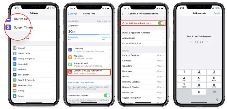 iPhone Screen Time Content & Privacy Restrictions settings